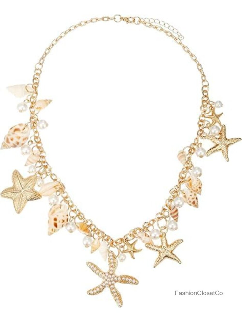 Shell Starfish Faux Pearl Beach Necklace Chunky Statement Jewelry